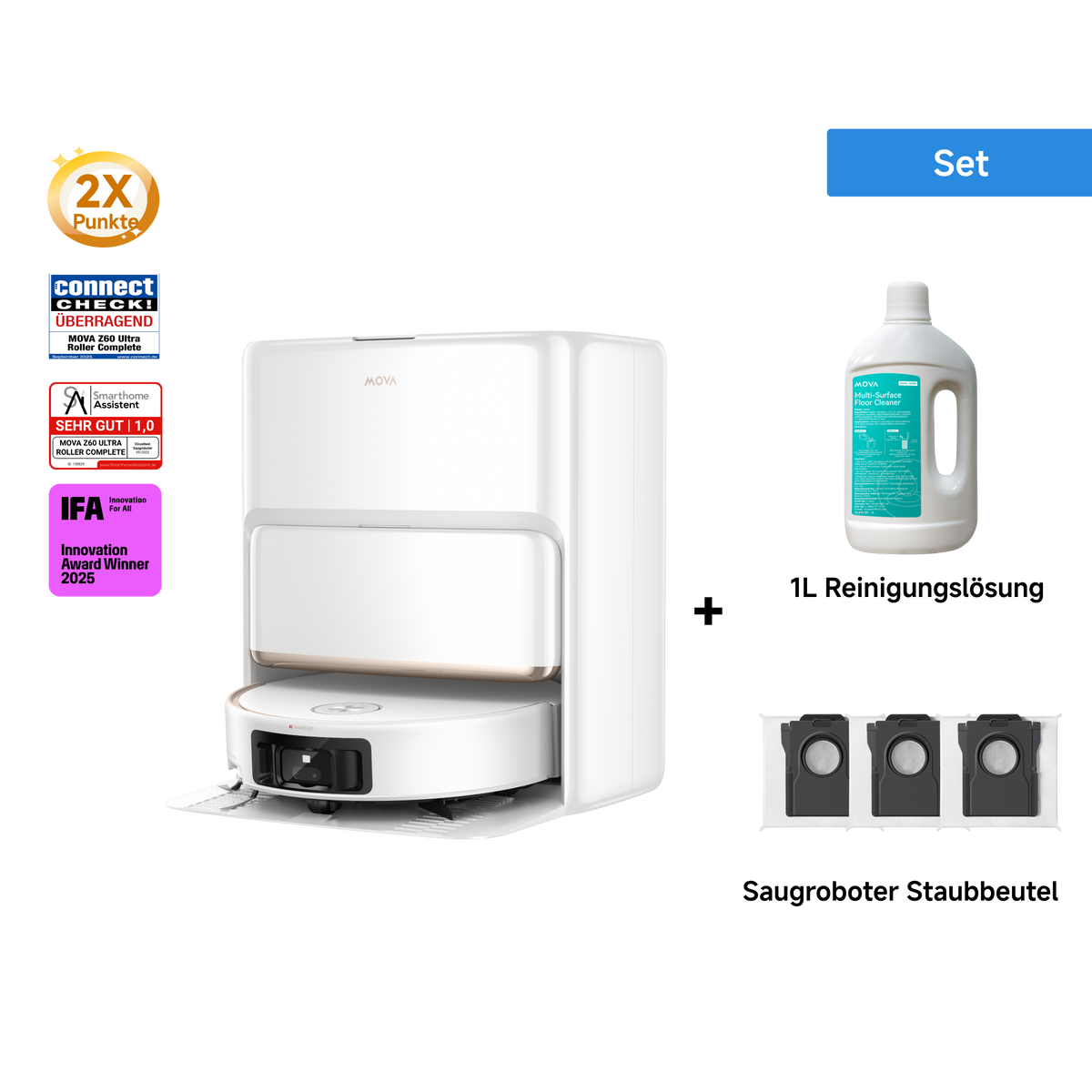 Dreame MOVA Z60 Ultra Roller Complete Weiß + 1L Reinigungslösung + Saugroboter Staubbeutel