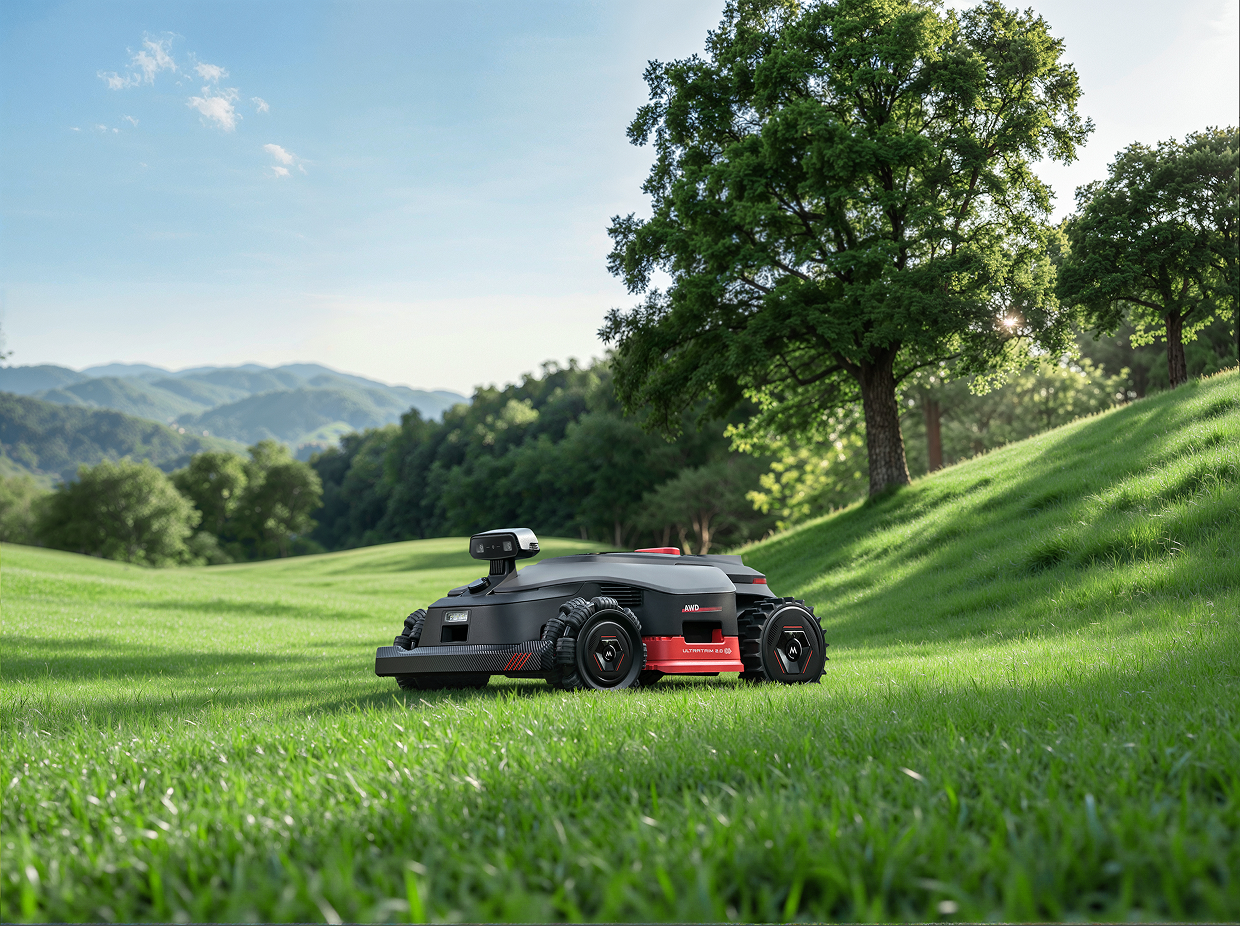 mähroboter auf unebenem grashang