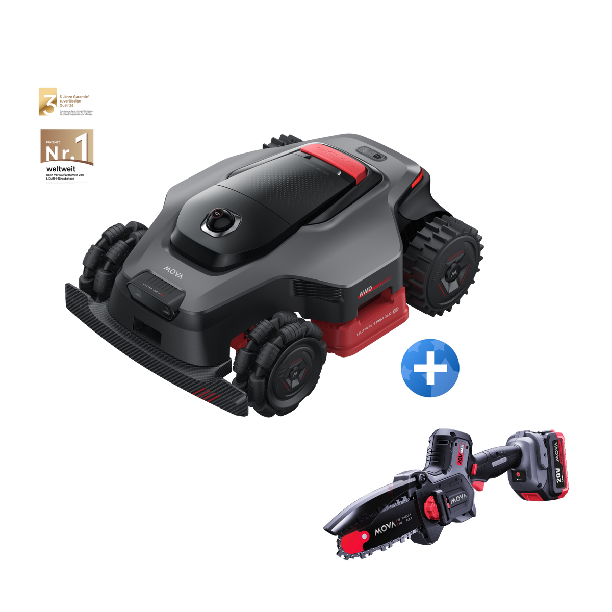 MOVA LiDAX Ultra AWD 1600 Mähroboter + GC205 Astsäge 20 V und 12 cm mit bürstenlosem Motor