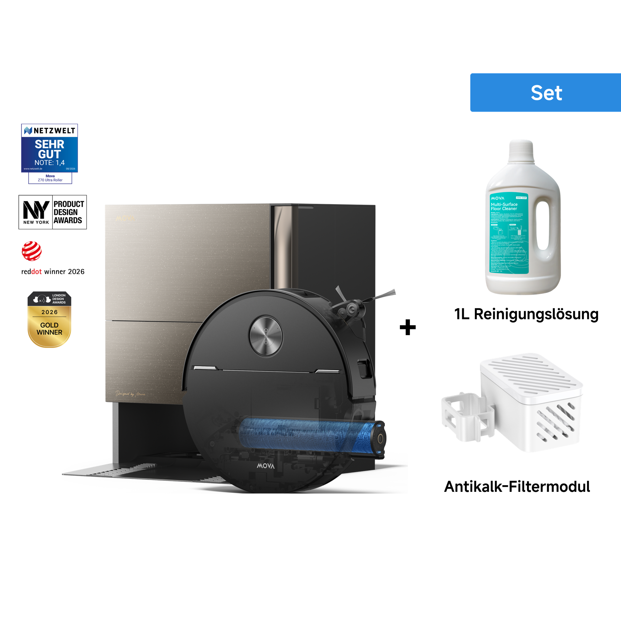 MOVA Fall Prime Day Dreame MOVA Z70 Ultra Roller Complete Saugroboter Bürstetes Metall + 1L Reinigungslösung +  Antikalk-Filtermodul