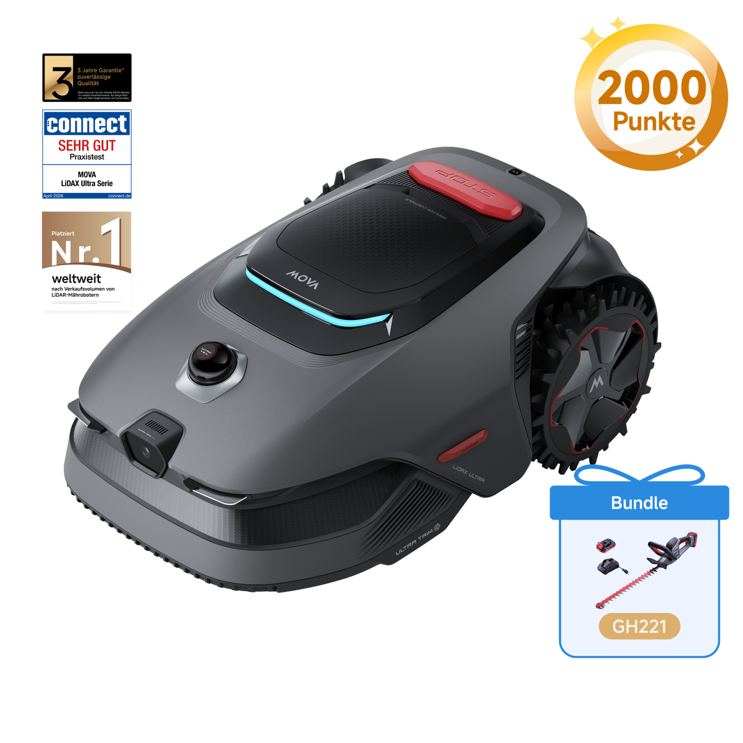 MOVA LiDAX Ultra 1200 + MOVA GH221 Akku-Heckenschere 20 V und 55 cm