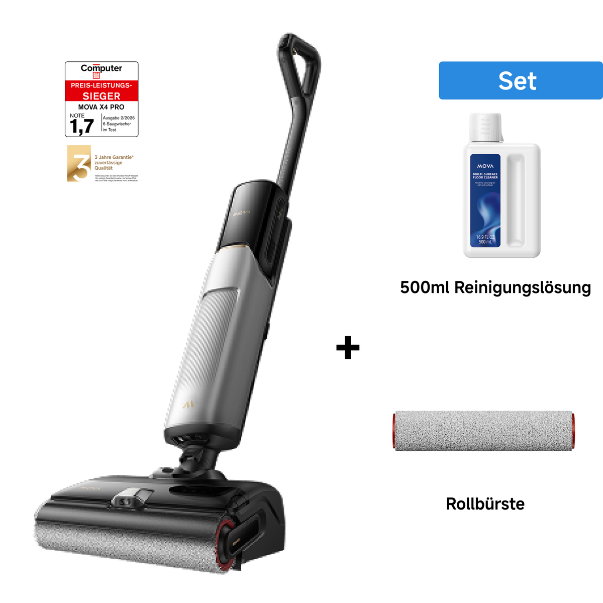 MOVA X4 Pro Nass- und Trockensauger + 500ml Reinigungslösung + Rollbürste